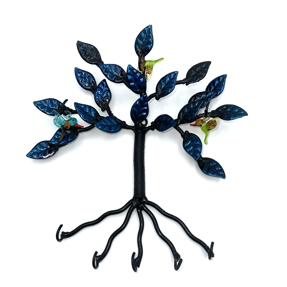 Tree of Life Humming Bird Black Blue Metal Wall Mounted Key Holder with 5 Hooks